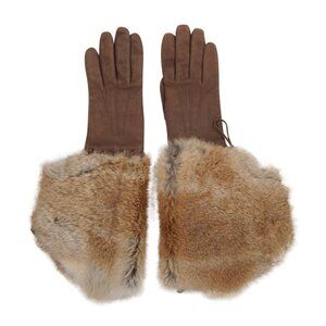 Georges Morand Womens Fur Cuff Suede Gloves Sz 7.5 Brown Leather Cashmere Lined